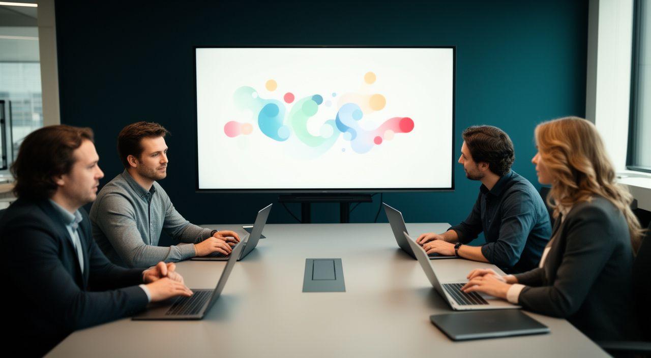 Modern Melbourne strategy session with AI specialists reviewing automation workflows on a large display