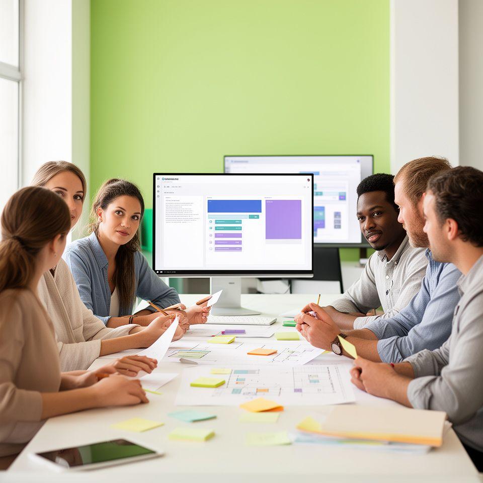 Melbourne operations team collaborating around dashboards and process maps in a bright office meeting room