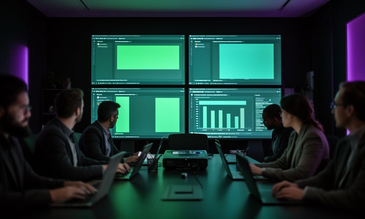 Analytics team reviewing automation dashboards in a modern dark meeting room with projected KPI graphs