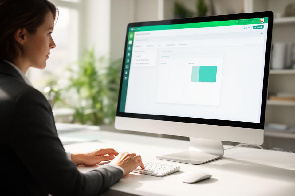 Finance specialist reviewing automated invoice approvals on a large monitor in a bright office