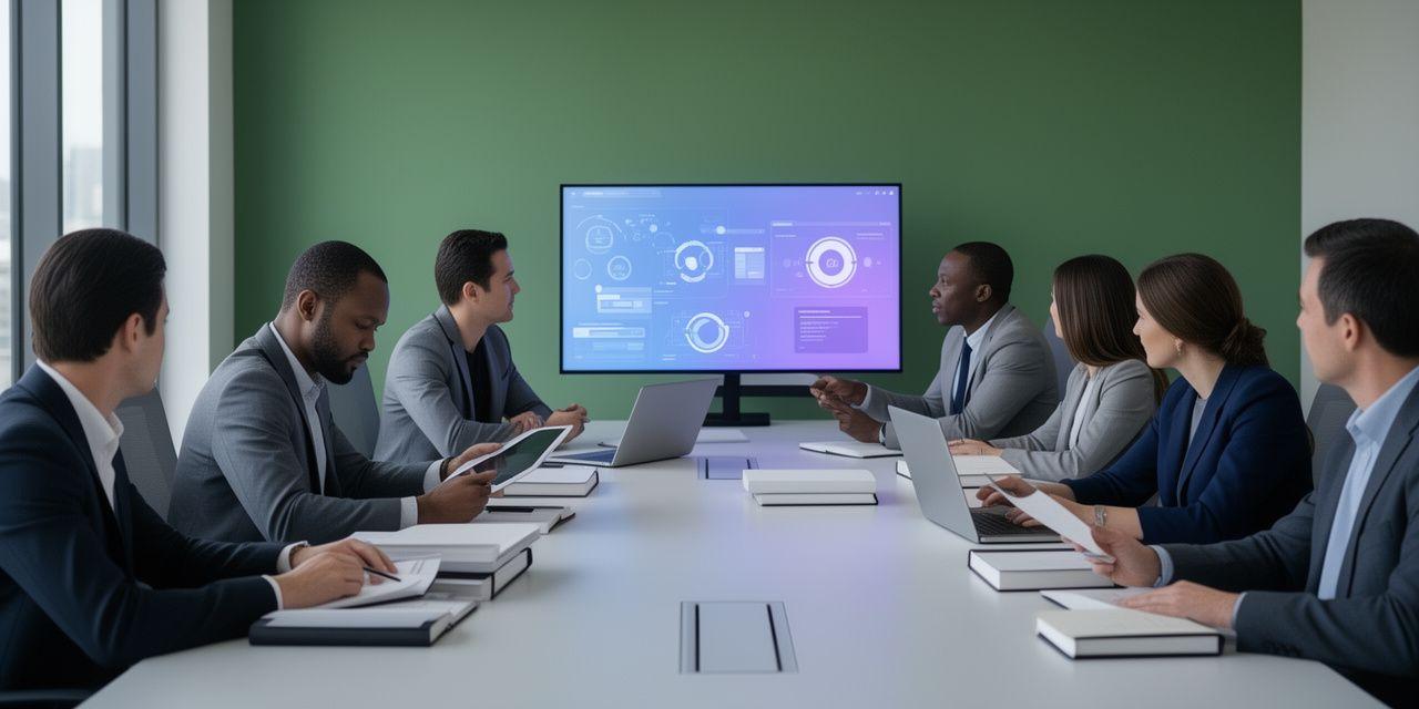 Consultants discussing an AI automation roadmap in a modern Melbourne meeting space with screens and notebooks