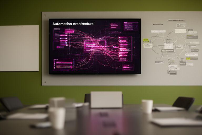 Automation architecture board in a strategy meeting room with connected data streams and team planning notes
