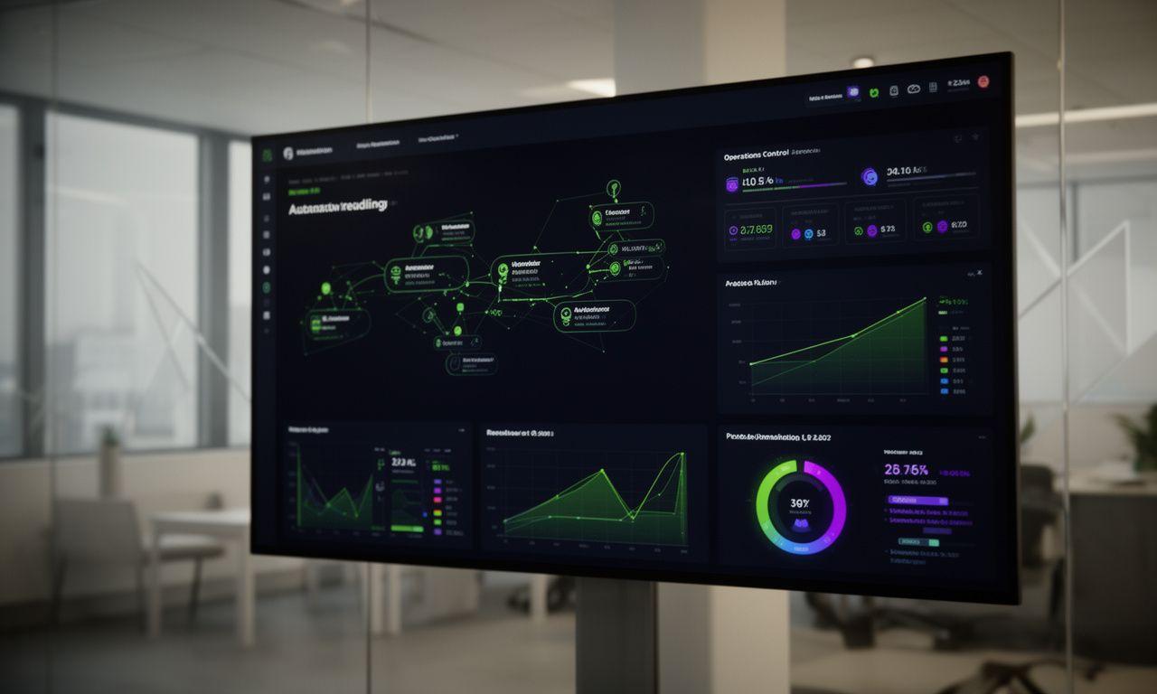 Modern operations dashboard on a wide screen in a Melbourne office with automation charts, workflow nodes and predictive analytics panels