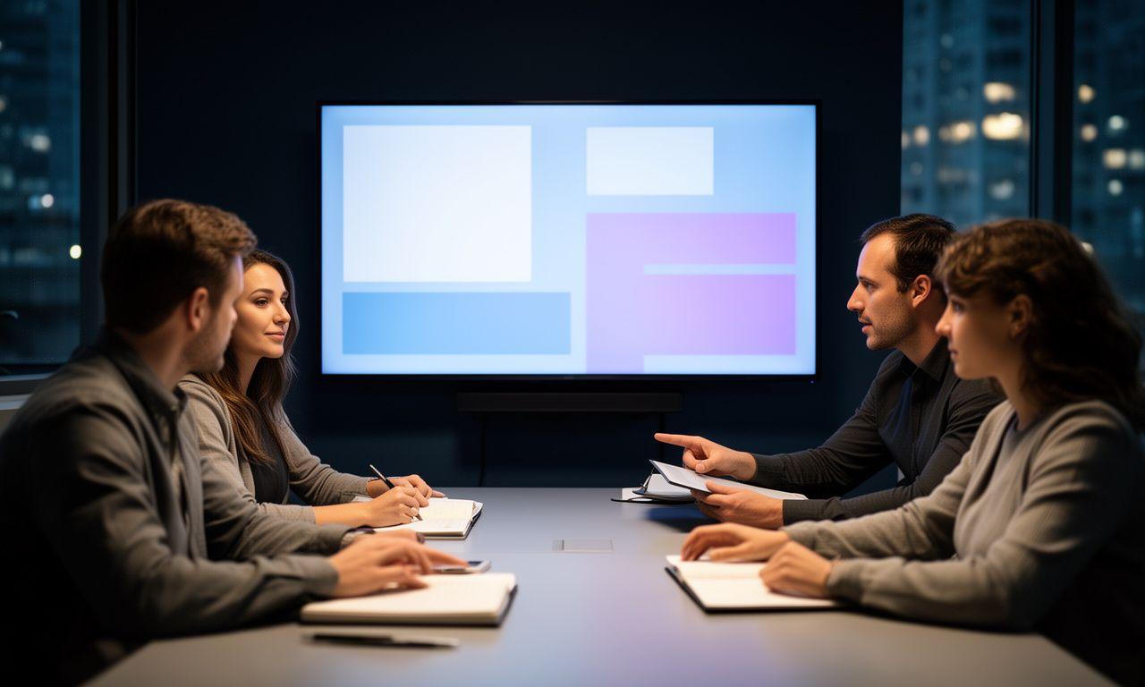 Strategy team reviewing industry automation dashboards on a large screen in a modern Melbourne office