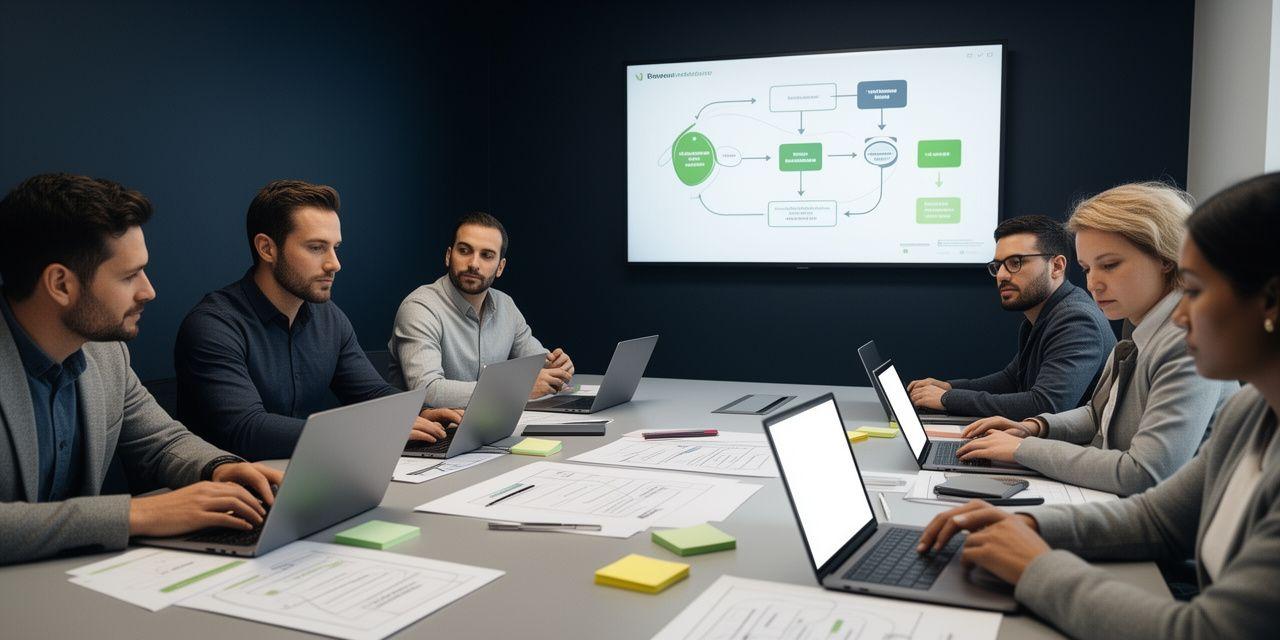 AI strategy workshop in a modern Melbourne meeting room with laptops, workflow notes and a wall display showing process maps