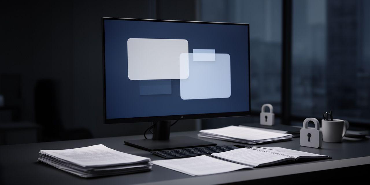 Secure compliance workspace with a privacy analyst reviewing digital documents beside a softly lit dashboard
