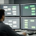 Automation engineer configuring workflow integrations in a modern Melbourne office with multiple monitors