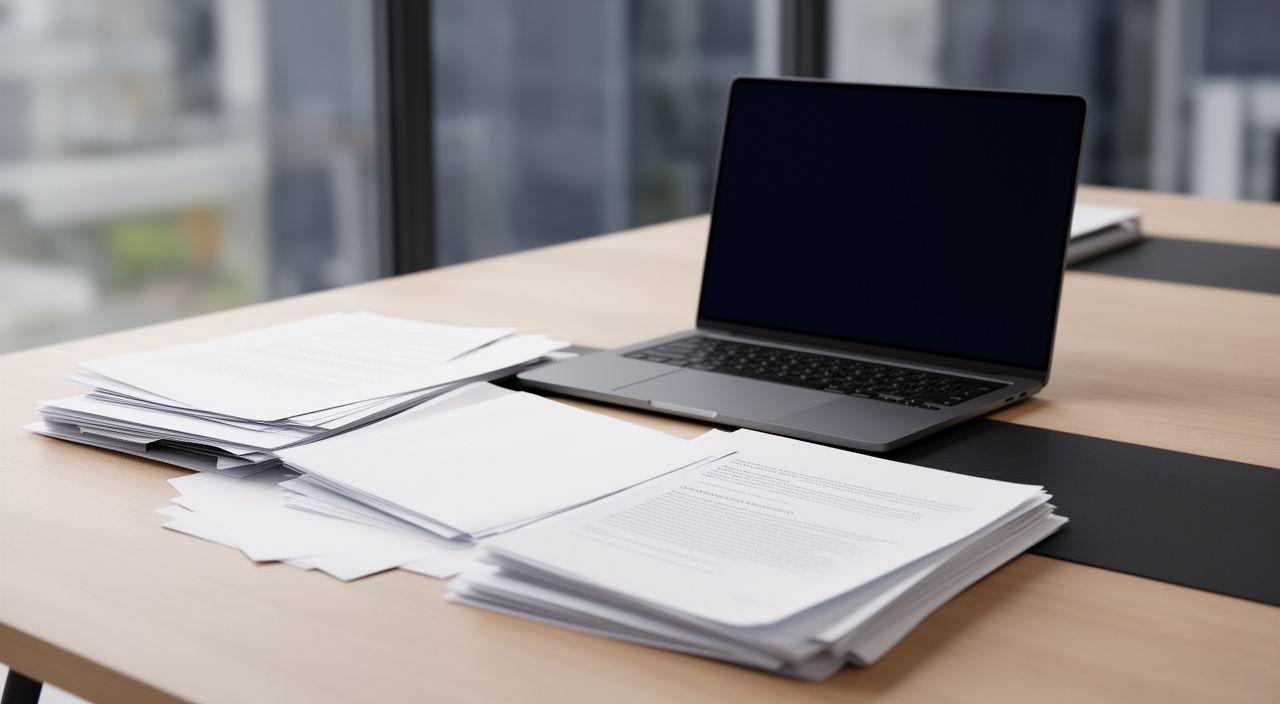 Legal documents and a laptop arranged on a modern office table in Melbourne