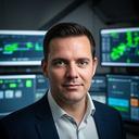 Logistics director portrait in a warehouse control room with monitors and route planning screens behind