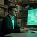 Victer Mitz seated beside a logistics planning screen in a warehouse office